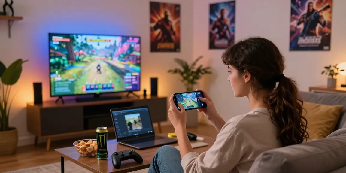 Engaged gamer using indocair platform in cozy living room.