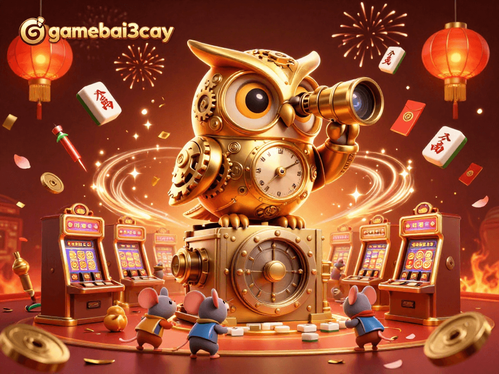 Experience excitement with gamebai3cay's vibrant casino scene featuring a clockwork owl and festive decorations.
