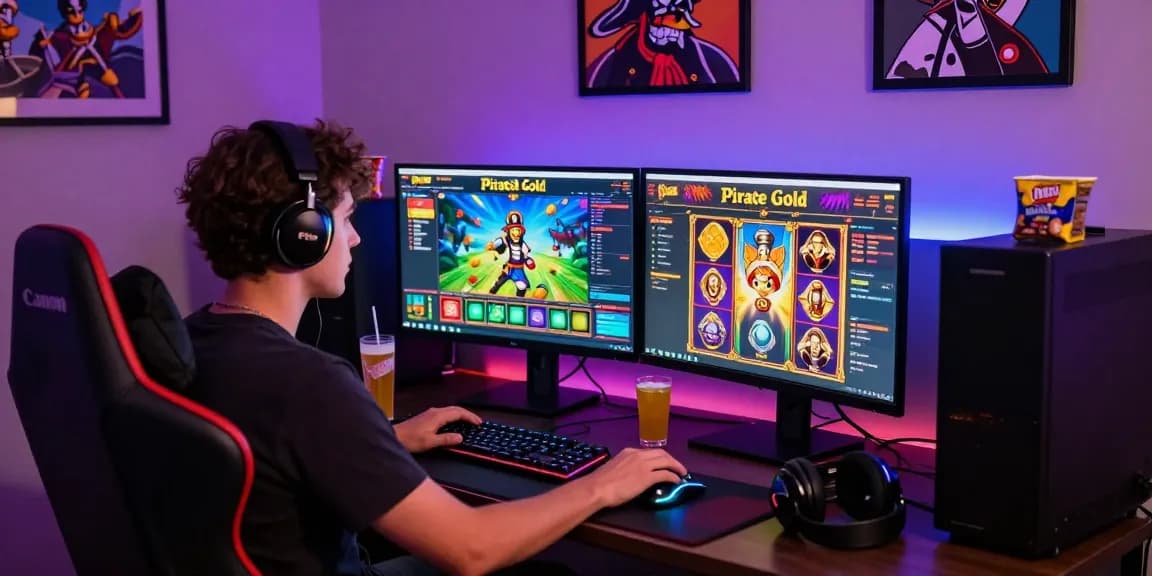 Engaging gaming scene with "Pirate Gold" slot game interface and gamer setup.