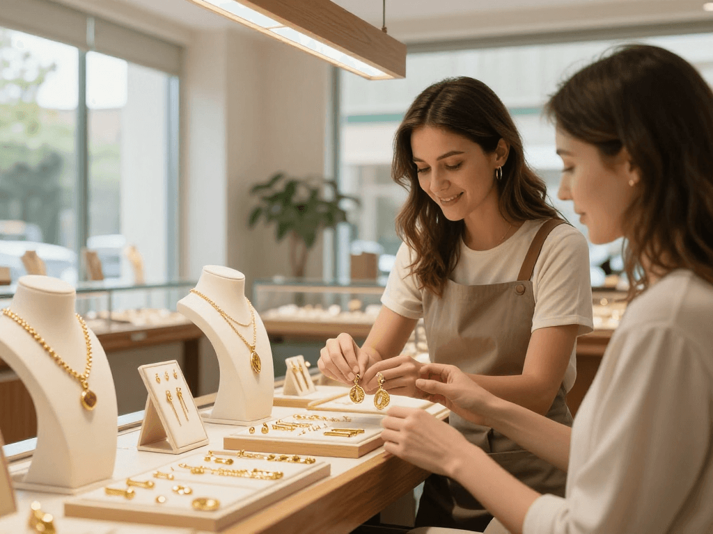 Explore gold jewelry options at https://bahraingoldprices.com/ with a welcoming jeweler showcasing elegant pieces.
