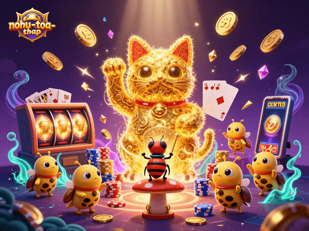 Nohu-toa-thap showcases a giant lucky cat, symbolizing fortune in an exciting casino game environment filled with vibrant elements.