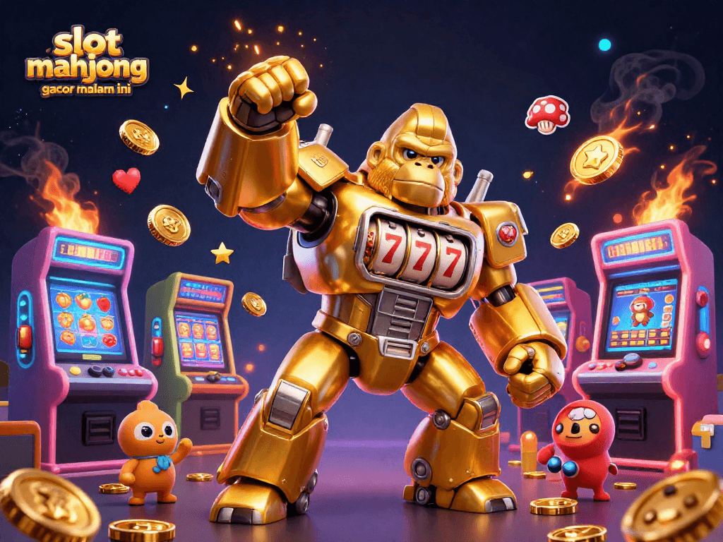 Engage with slot mahjong gacor malam ini featuring a golden gorilla mech amidst dynamic casino elements.