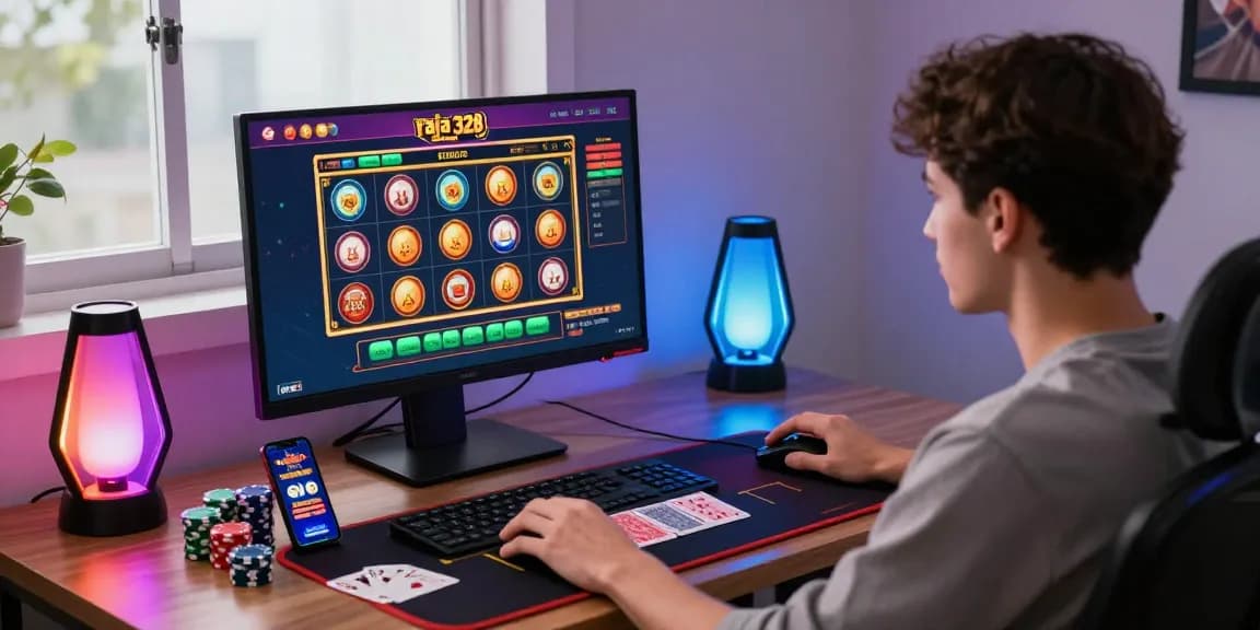 Exciting gaming atmosphere showcasing raja 328 situs with a player at a modern workstation, surrounded by gaming props and engaging visuals.