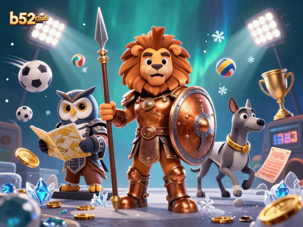 Engage with b52club's exciting betting scene featuring a Spartan lion and dynamic sports elements.