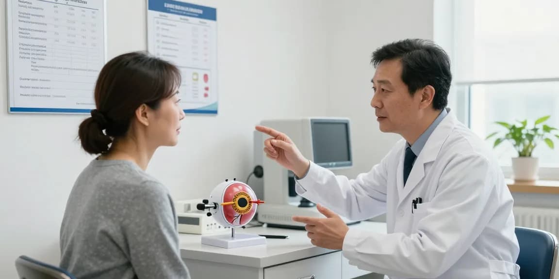 Glaucoma awareness discussion between ophthalmologist and patient in a health clinic