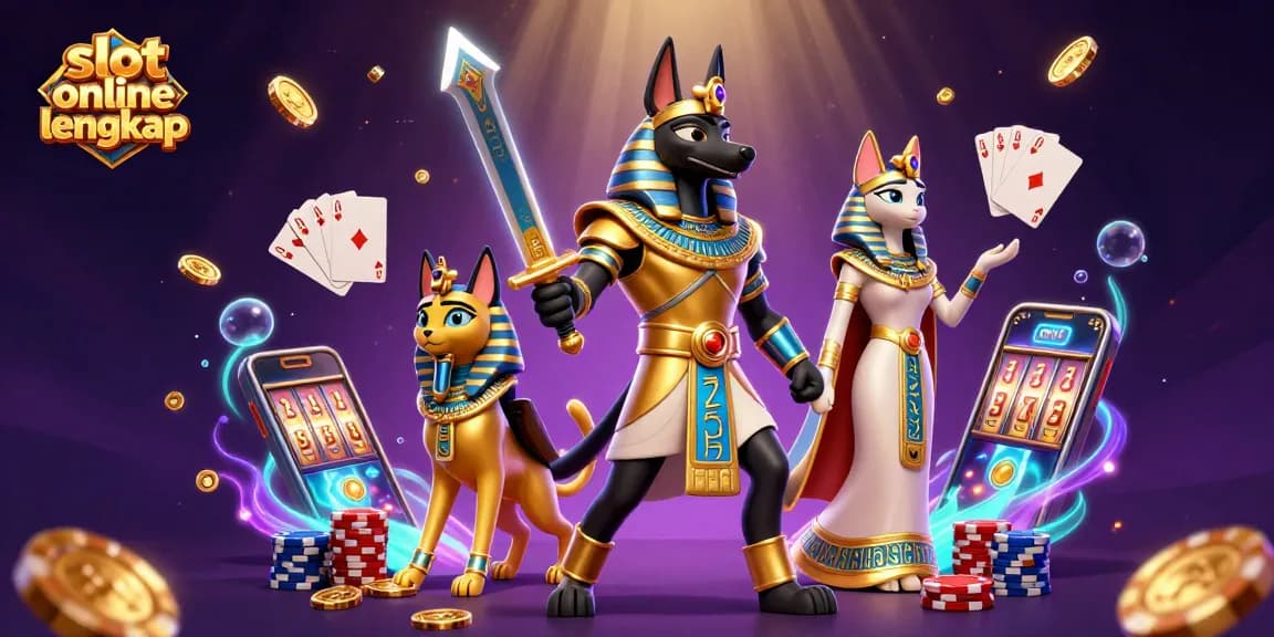 Experience thrilling slot online lengkap action with Anubis and Bastet amidst cascading coins and gems.