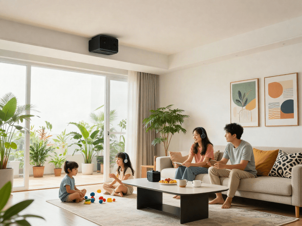 خرید اسپیکر سقفی enhances family moments in a modern living room.