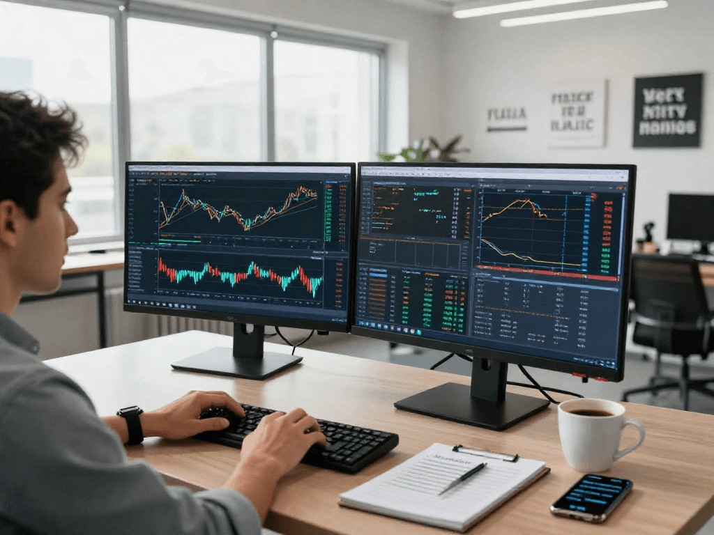 使用MetaTrader 5平台进行市场分析的交易者,展示多屏交易工作环境。