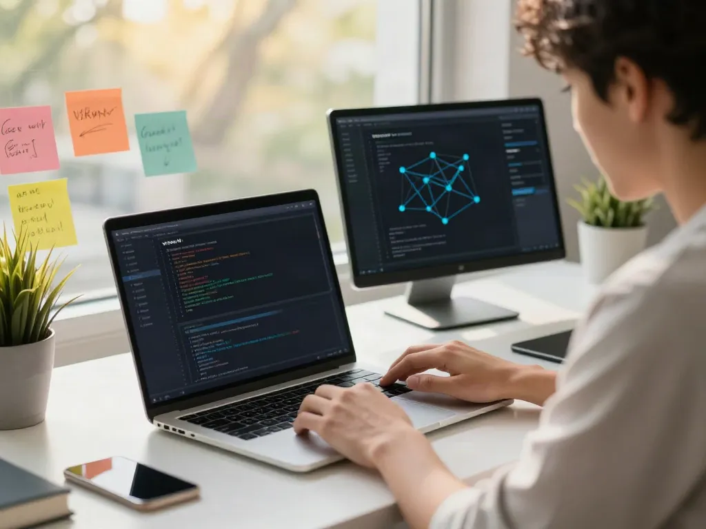 v2rayN官网 software configuration in a modern tech workspace with coding visuals
