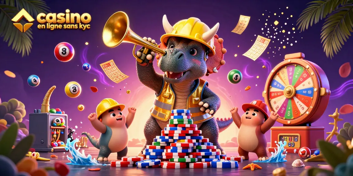 Profitez de l'excitation du casino en ligne sans KYC avec cette illustration dynamique pleine de jeux et de célébrations.