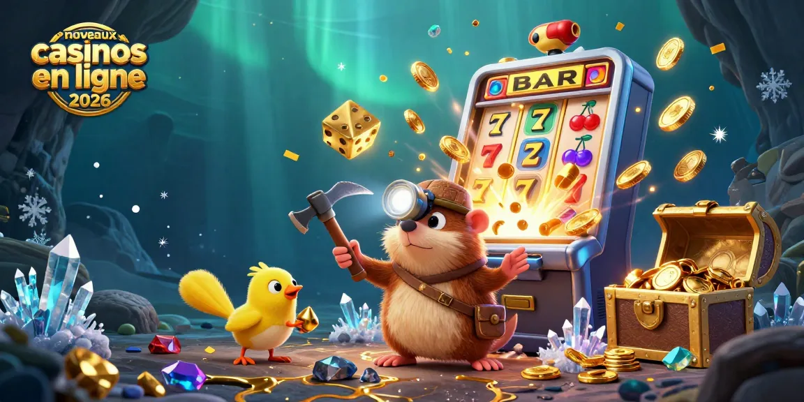 Illustration dynamique sur les nouveaux casinos en ligne 2026 avec un mole et une canarie dans une grotte.