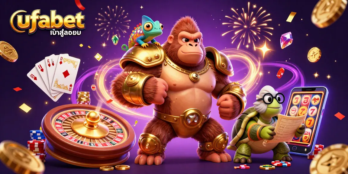 Experience ufabet เข้าสู่ระบบ with vibrant casino action, showcasing characters amidst a whirlwind of coins and gaming elements.