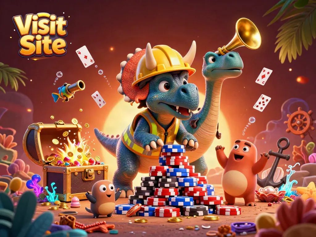 Visit Site and play exciting games as a triceratops builds a poker chip pyramid in this vibrant casino scene.