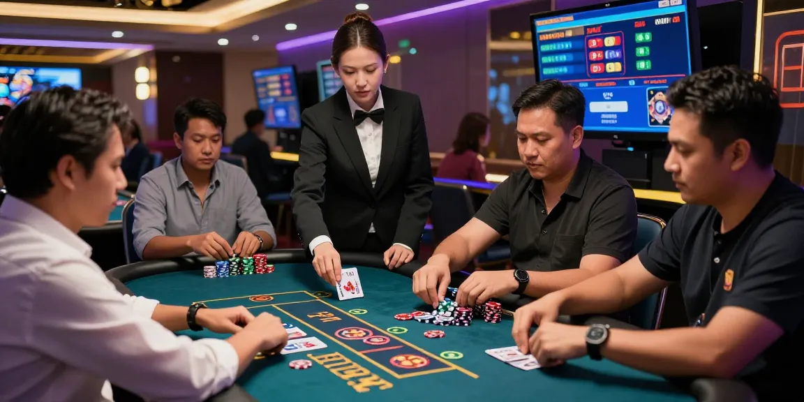 Mildcasino Live Taruhan Online players engage excitedly at a dynamic live casino table, showcasing professional dealers and thrilling gameplay elements.