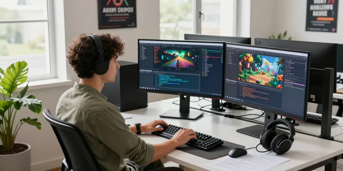 Developer coding FiveM Qbcore Scripts in a modern workspace with multiple monitors and vibrant game scripts.