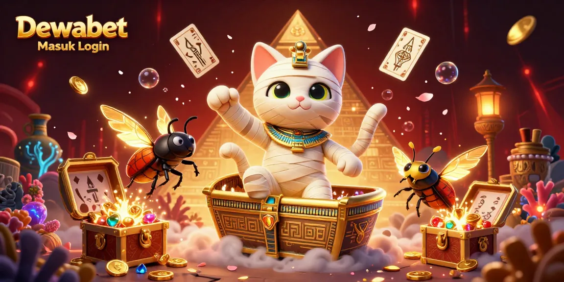 Dewabet Masuk Login showcases a dynamic 3D illustration of a mummy cat in a pyramid casino with ancient treasures and magical lighting.