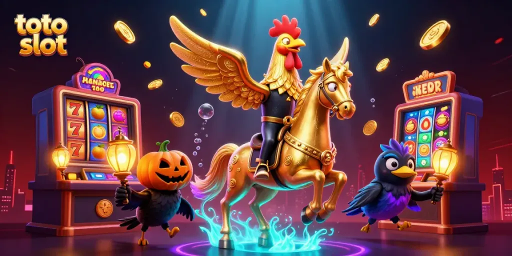 Engage with the thrilling toto slot experience featuring a golden rooster in a vibrant casino.