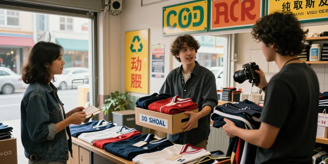 制服買取ラミパスの口コミを紹介する場面で、制服を持つ人と店員の対話を描いています。