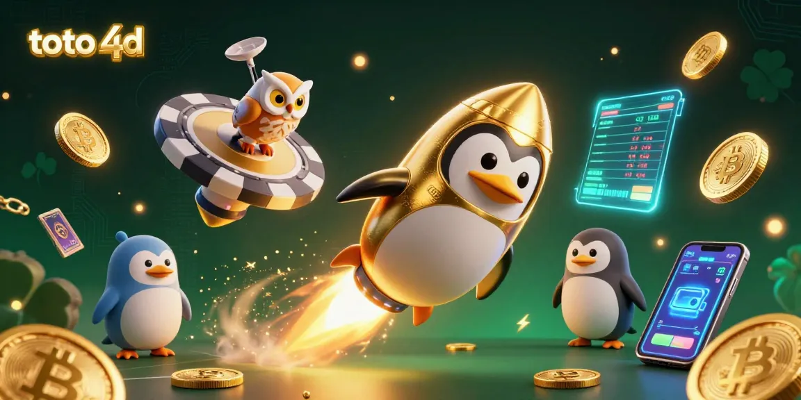 Experience thrilling gameplay at toto 4d with a dynamic casino scene featuring a golden penguin and neon coins.