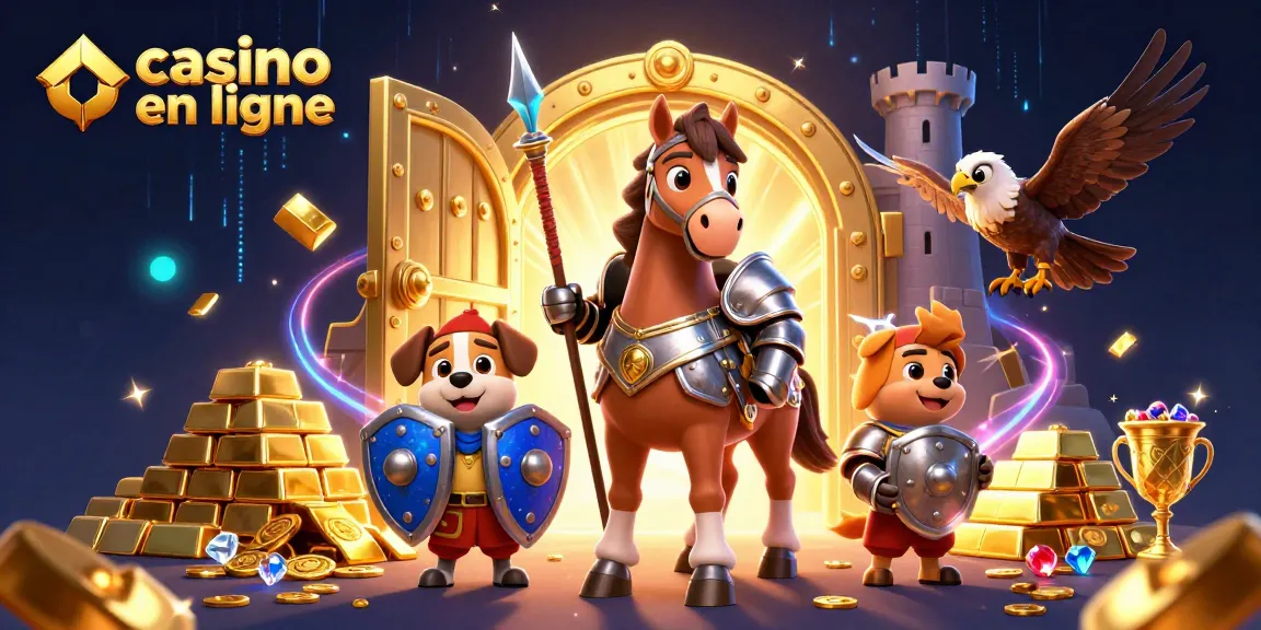 Jouer au casino en ligne avec une illustration dynamique d'un chevalier et des trésors scintillants.