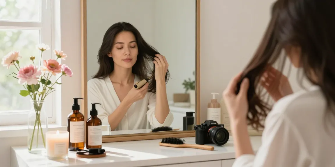 Promoting روتين العناية بالشعر, a woman applies nourishing hair treatment in a beautifully arranged personal care space.
