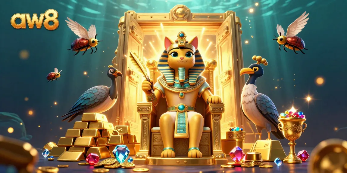 Experience the excitement of aw8's casino world with a pharaoh cat surrounded by treasure and gaming elements.