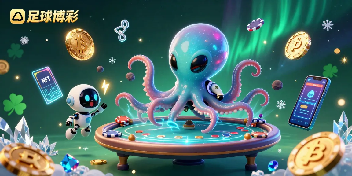 在足球博彩中,外星章魚操控全息撲克桌,散落以比特幣與以太幣為主的星際籌碼,呈現獨特魅力。