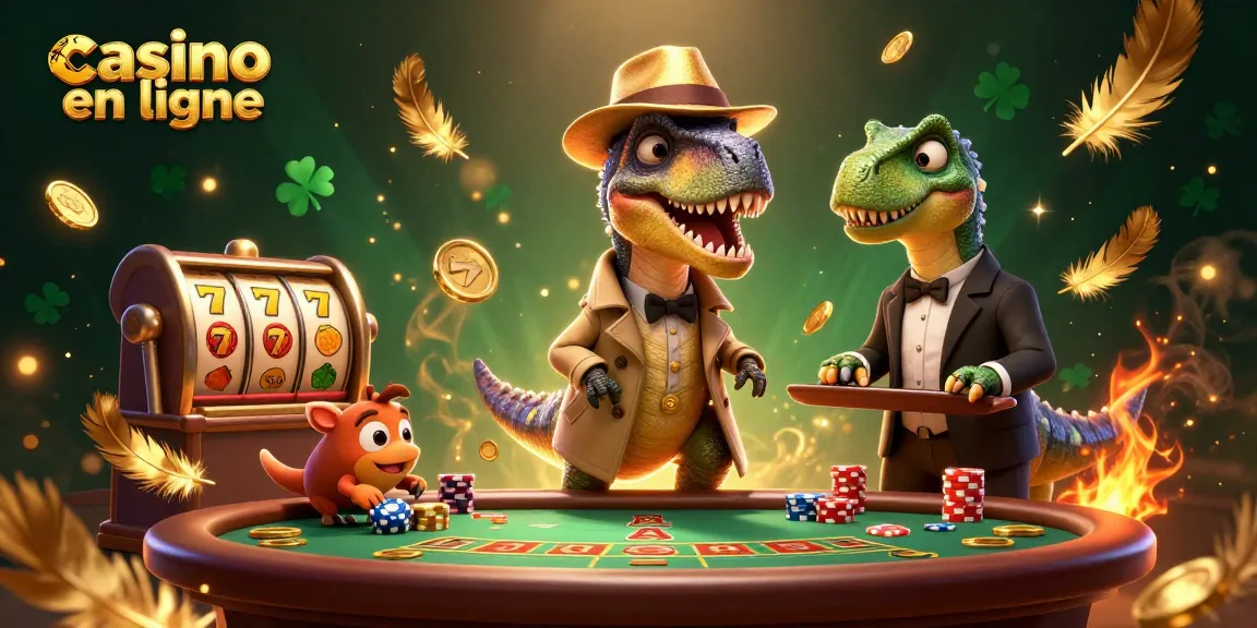 Un velociraptor jouant au casino en ligne sous l'œil d'un pit boss, une scène remplie de jetons dorés.
