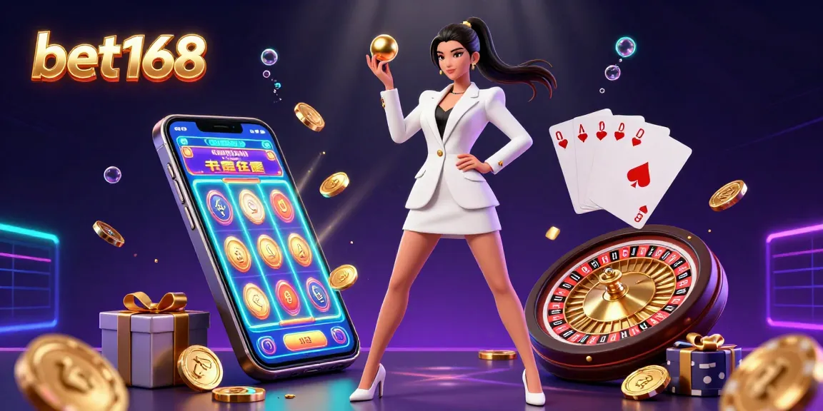 Experience thrilling gaming at bet168 with a stunning casino scene featuring a confident Asian woman and exciting slot games.