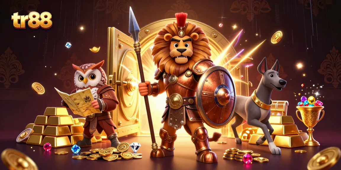 Spin for jackpots with tr88 in a vibrant 3D casino scene full of treasures and characters.