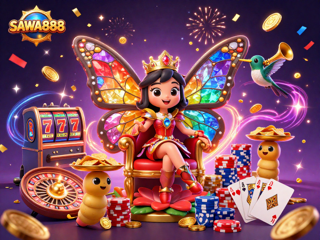 SAWA888 showcases a vibrant casino scene with a butterfly queen, chips, and slot machine reels.