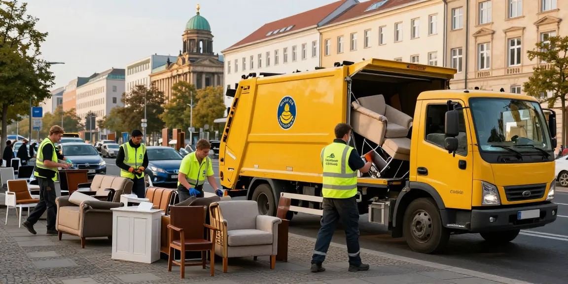 Sperrmüllabholung 80 Euro Berlin - Professional waste collection team loading furniture into truck amidst Berlin's vibrant urban setting