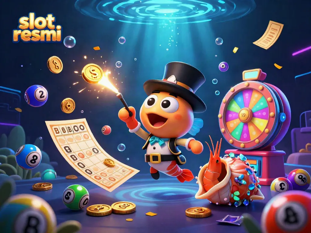 Engage with slot resmi visuals featuring a glowing anglerfish, pirate shrimp, and treasure snail amid colorful gambling elements.