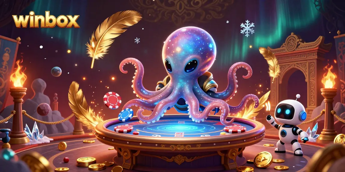 Winbox features an energetic alien octopus and robot at a holographic poker table surrounded by casino elements.