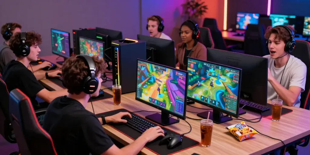 Exciting multiplayer gaming session showcasing players engaging with mposlot on high-end devices, vibrant atmosphere filled with energy drinks and snacks.