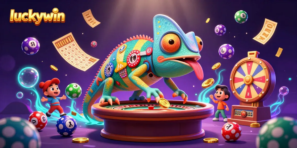 Experience the excitement of luckywin with a vibrant casino scene featuring a chameleon owner and dynamic game elements.