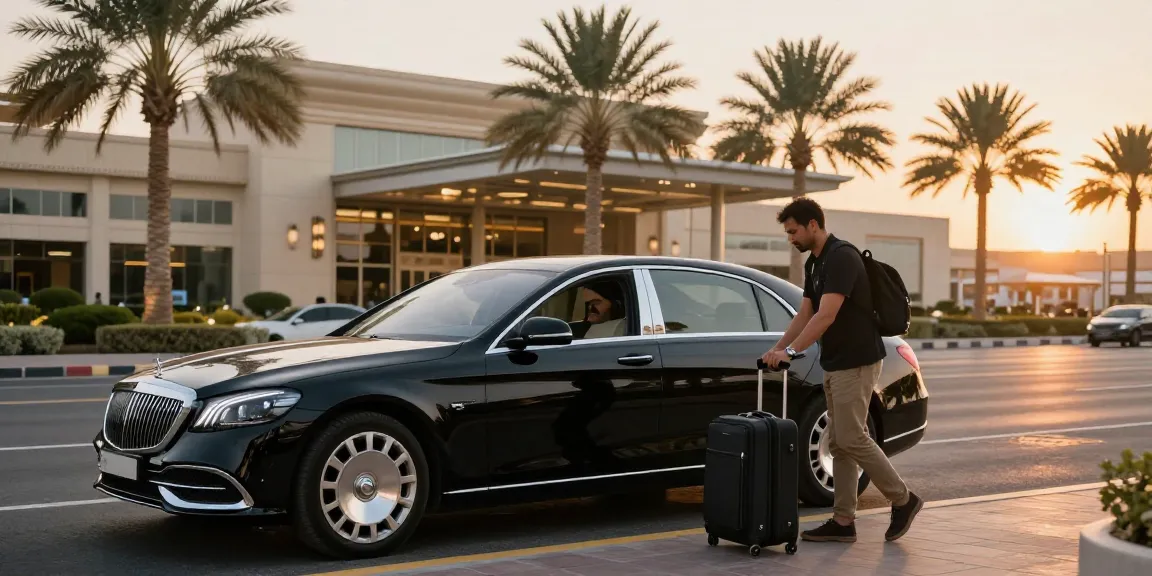 Luxury airport drop off dubai scene with traveler arriving in a premium sedan, showcasing comfort and elegance at Dubai International Airport.