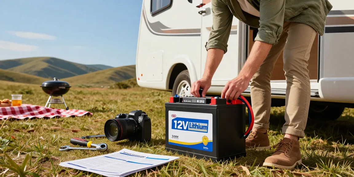 Installing a 12V Lithium Battery in a recreational vehicle amidst a scenic landscape with tools and picnic setup.