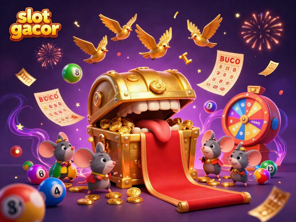 Slot gacor yang menarik perhatian dengan peti harta karun dan elemen permainan lotere, menggambarkan pengalaman kasino yang ceria.