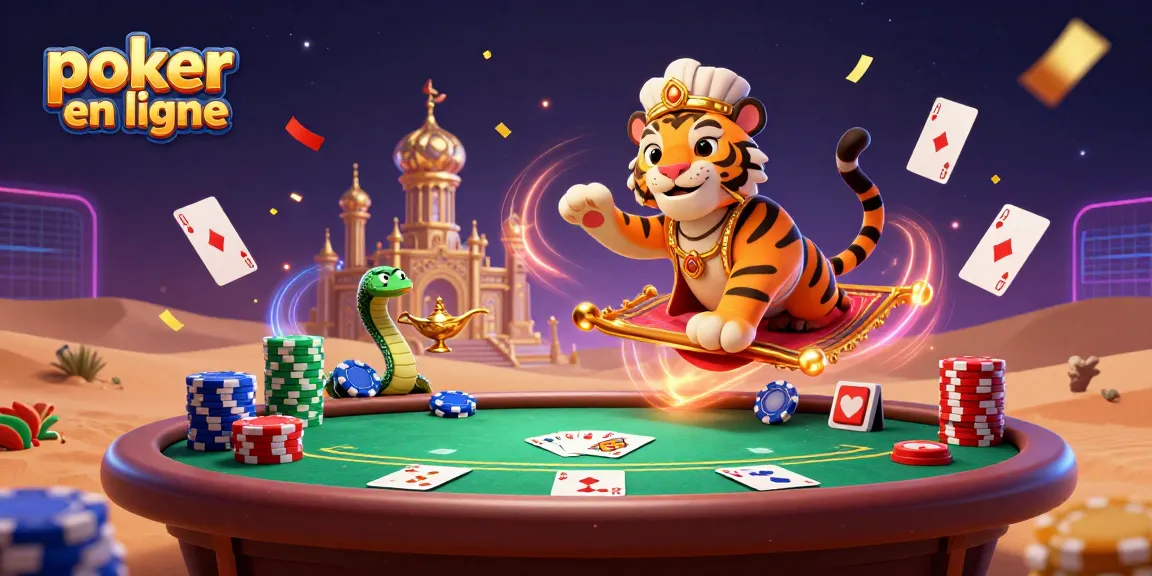 Éprouvez l'excitation du poker en ligne avec une scène colorée de jeu et un tigre sultan sur son tapis volant.