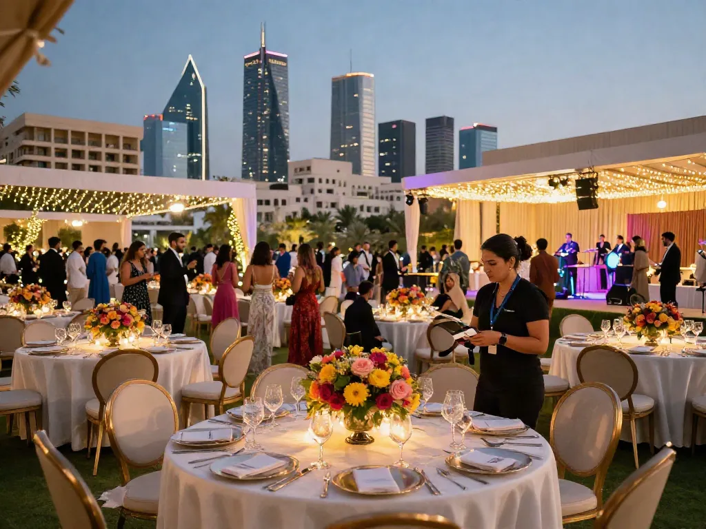Elegant event rental ksa setup with tables, floral decorations, and Riyadh skyline at dusk.