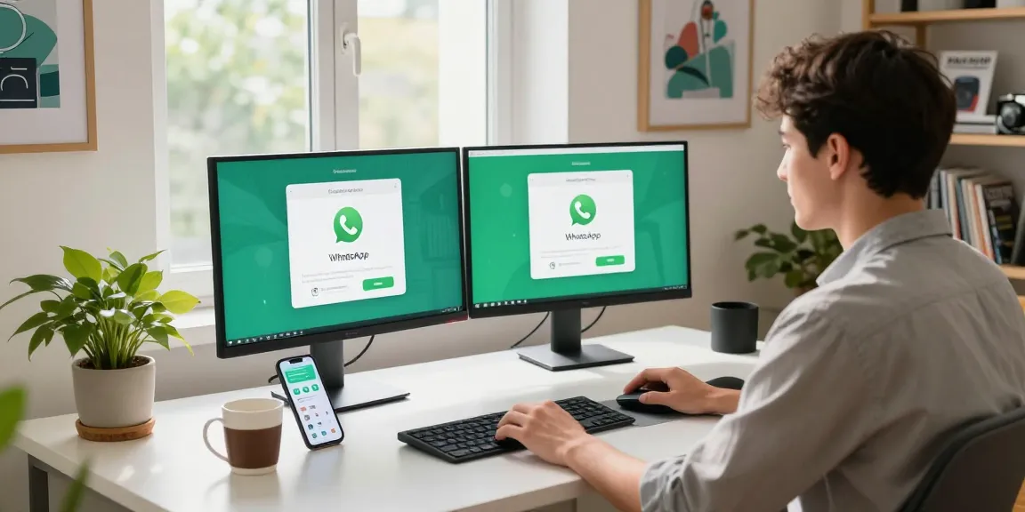Engaging atmosphere of a professional using WhatsApp網頁版 in a stylish home office with modern tech.