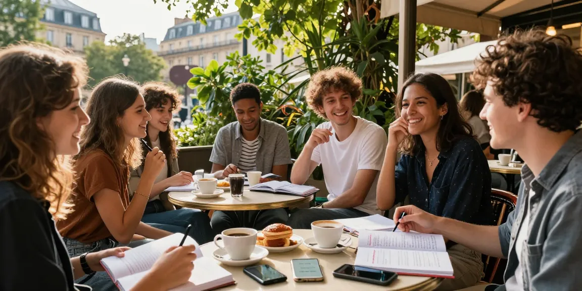 Studenten genießen Französischkurse in Frankreich in einem Café, umgeben von Pariser Architektur und Sprachwerkzeugen.