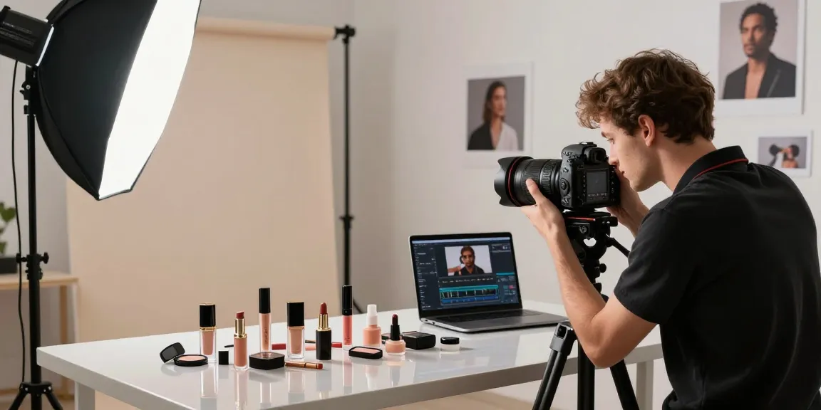 Photographie de produits : photographe professionnel capturant des cosmétiques dans un studio moderne.