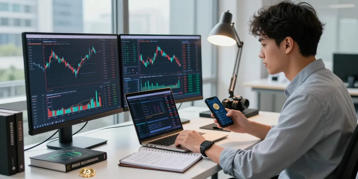 Engaged cryptocurrency trader analyzing data at their desk, illustrating https://crypto-reviews.ru/okx-v-kazahstane/ in a modern workspace.