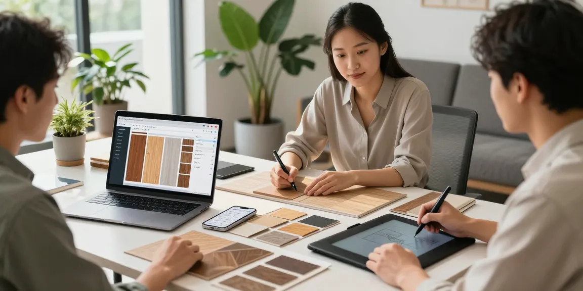 Collaboration in a stylish office space showcasing flooring business software and material samples for projects.