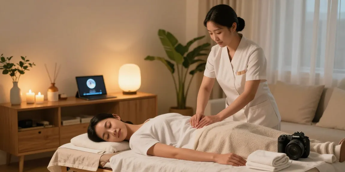 마포출장마사지 전문 관리사가 아늑한 거실에서 고객에게 편안한 마사지를 제공하는 모습