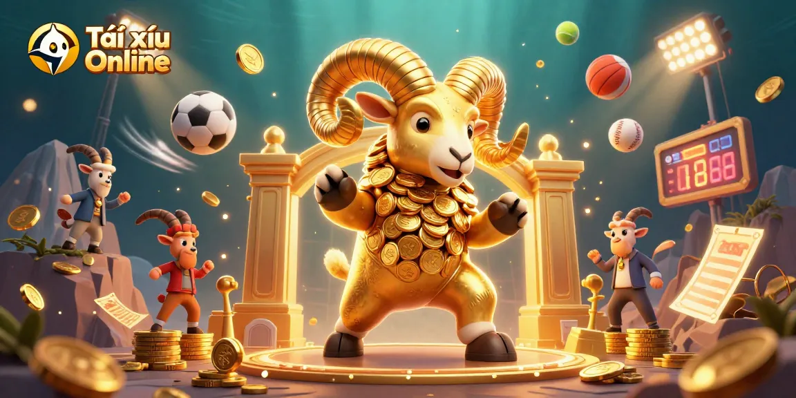 Tài xỉu Online illustration featuring an energetic scene with a golden ram charging through a vibrant casino backdrop.