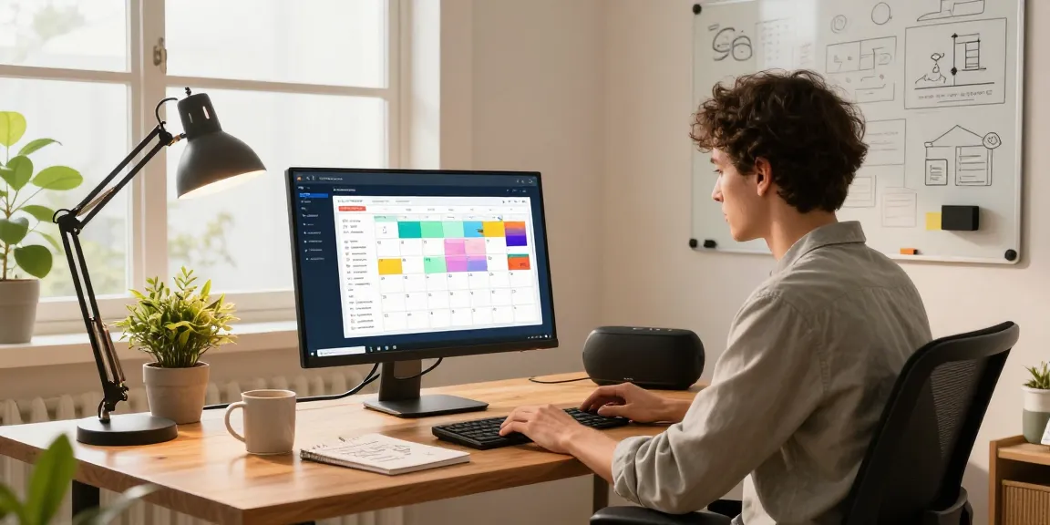 Smart desk display in a modern workspace, showcasing productivity apps and vibrant office decor.