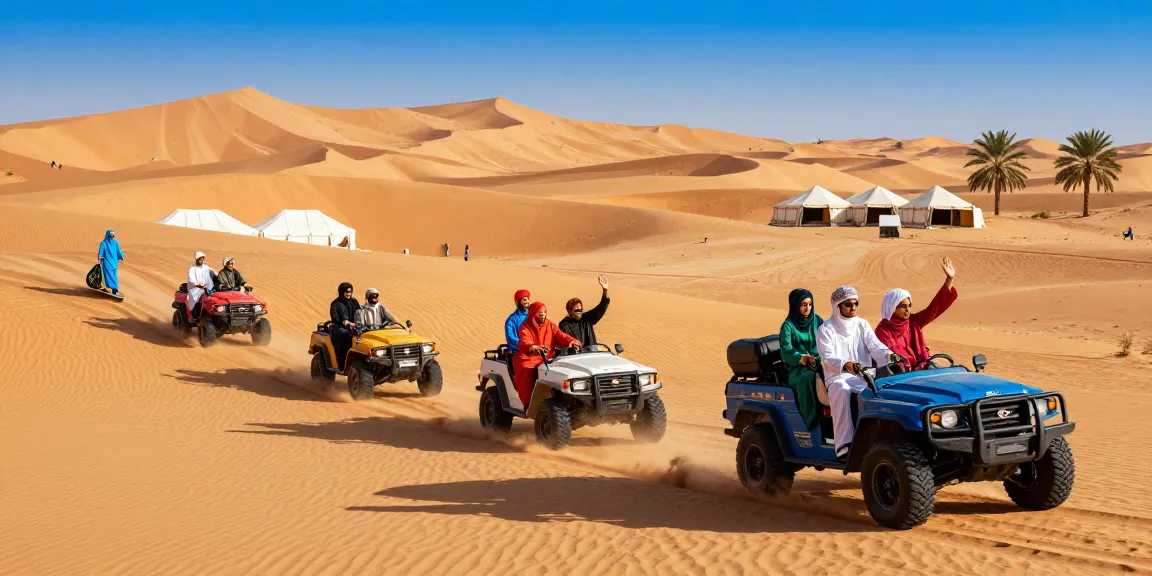 Exciting desert safari experience with tourists exploring sand dunes and riding in an off-road vehicle.